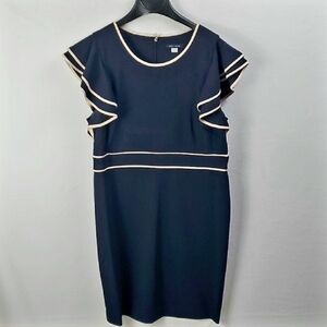 Tommy Hilfiger Piped Flutter-Sleeve Sheath Dress Sz 16 Navy Blue Classy, Dressy
